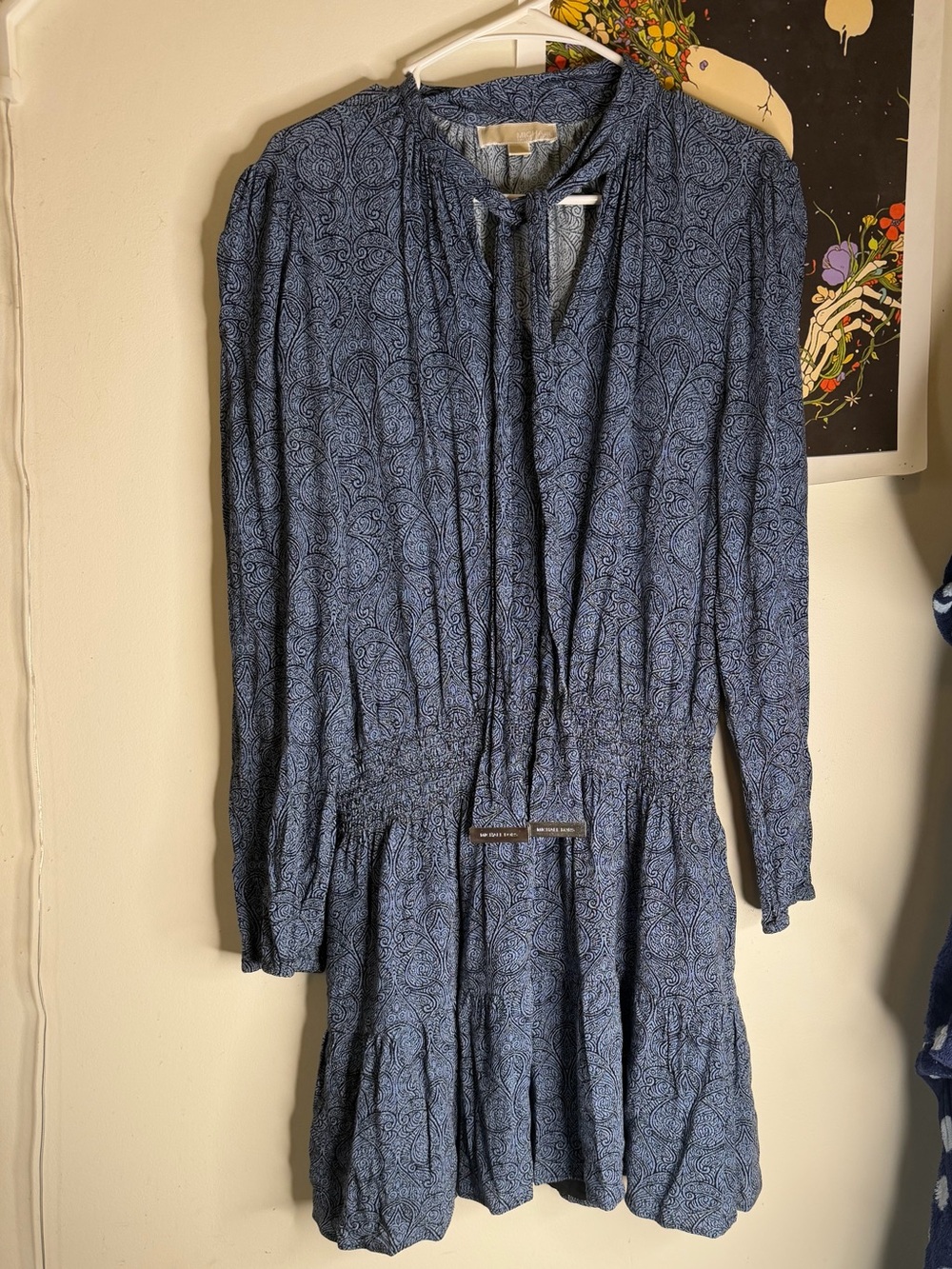 Michael Kors Navy Paisley-Print Long Sleeve Smocked Waist Dress